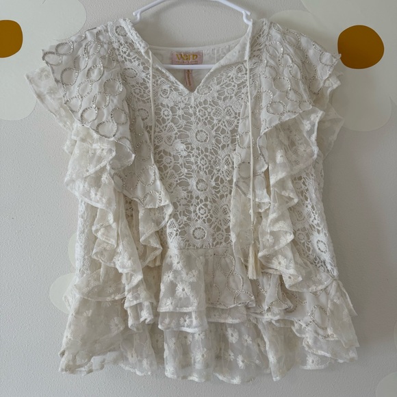 EUC Verb by Anthropologie Elegant White Lace Beaded Ruffle Bohemian Top - Picture 6 of 12